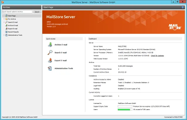E-mail Archiving Solutions email archiving Mail Store Dashboard