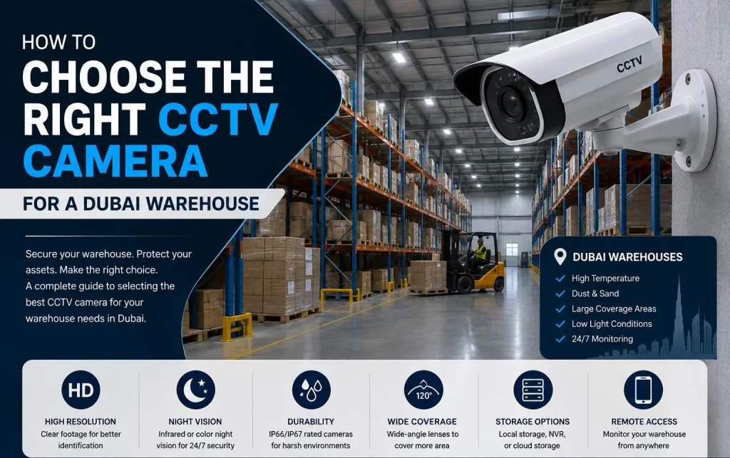 How to Choose the Right CCTV Camera for a Dubai Warehouse, Factory or Large Facility CCTv for Dubai warehouse 1 CCTV camera monitoring a Dubai warehouse with storage racks, forklift, and security features