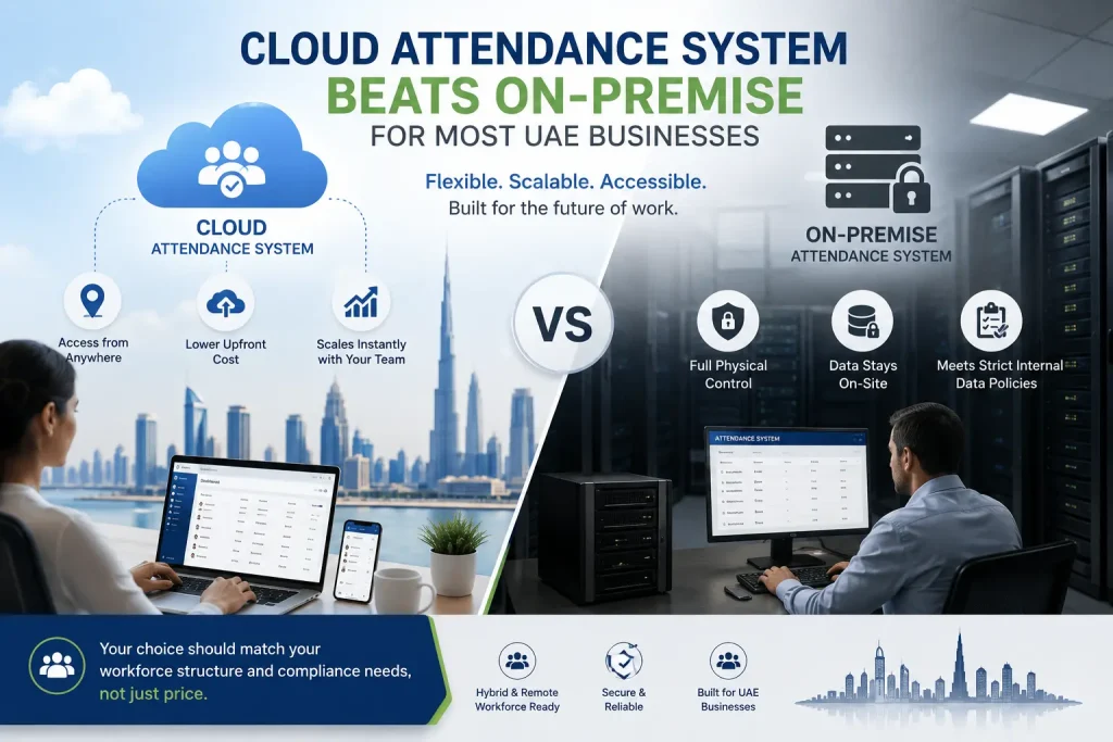 Cloud Attendance System vs On-Premise: Which Is Better for a UAE Business with Remote Staff? benefit of cloud attendace infographic showing the cloud vs on premise attendace benefits for UAE